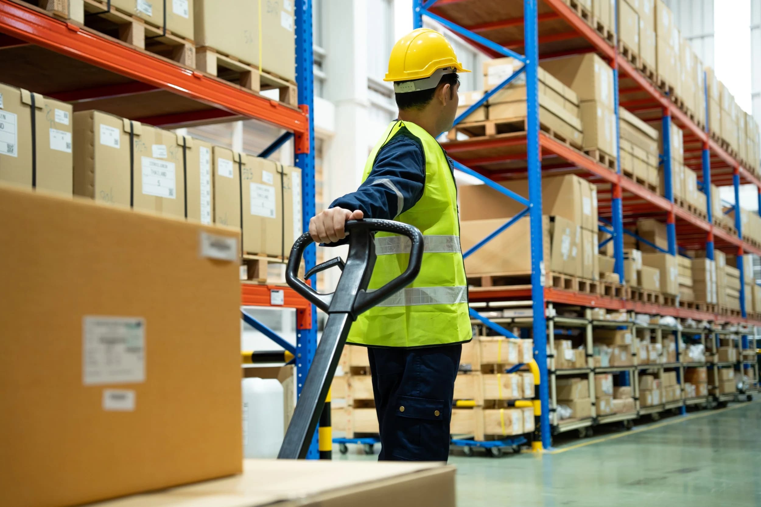 Warehouse worker moving stock with a pallet truck