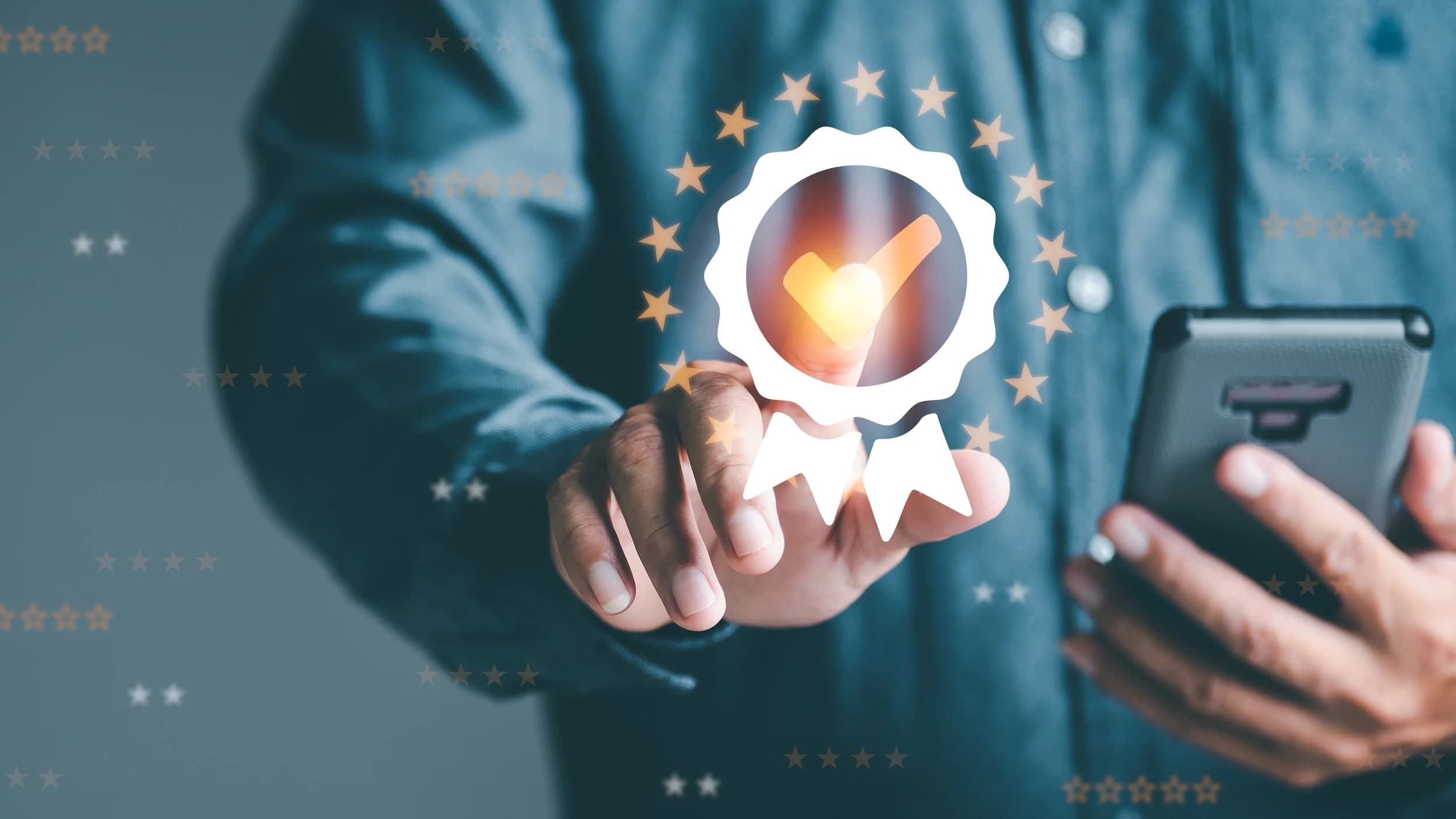 A business owner pointing at a glowing quality badge